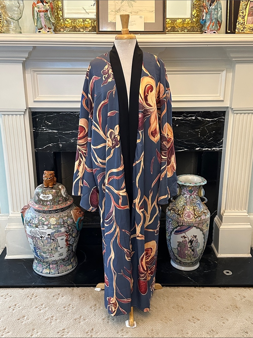 Navy Floral Satin Long Kimono Robe with Black Trim